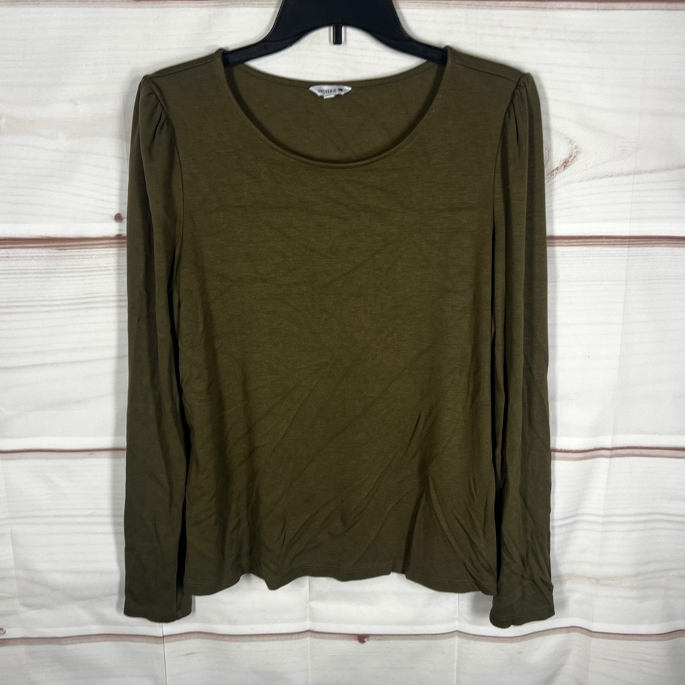 Indiska‎ Long Sleeve Top Womens Large Green Solid Puff Sleeve Blouse Knit Basic